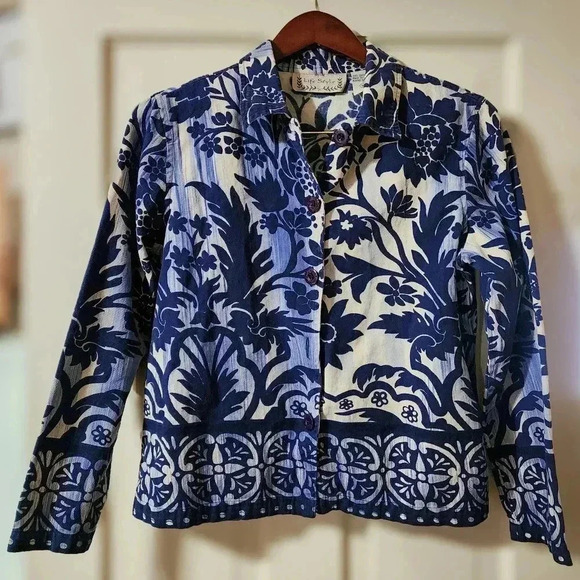 Life Style Y2K Boho Button Up Jacket Women’s‎ Medium Blue Beige Floral Cotton - Picture 1 of 3